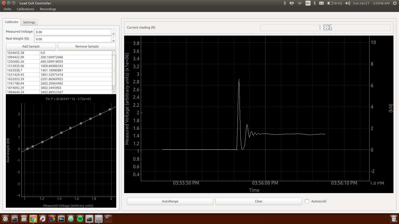 Screenshot of a computer program window. There is a plot of force over time, and a sidebar for controlling calibration and settings.